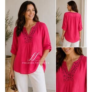 100% Silk Fuchsia Embroidered Tunic Blouse Boho Peasant Top Pink Black Detail lg